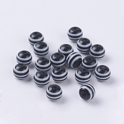 Black Round Striped Resin Beads, Black, 6x5mm, Hole: 1.8~2mm