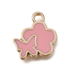 Pink Alloy with Enamel Charms, Flower with Butterfly Charms, Rack Plating, Golden, Pink, 13x12x1.5mm, Hole: 1.6mm