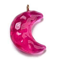 Camellia Transparent Resin Moon Pendants, Crescent Moon Charms with Light Gold Plated Iron Loops, Camellia, 28x20x9.5mm, Hole: 1.8mm