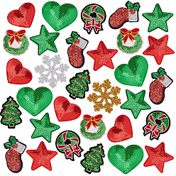 Mixed Color Christmas Theme Computerized Embroidery Polyester Iron On/Sew On Patches, with Paillette, Costume Accessories, Appliques, Mixed Color, 80x84x1.2mm, 2 colors, 4pcs/color, 8pcs