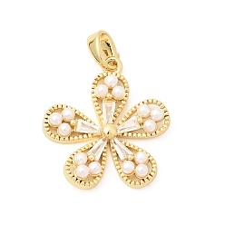 Настоящее золото 18K Латунные микропаве прозрачные подвески с фианитом, с подвесками в виде пластиковых жемчужных цветов, долговечный, реальный 18 k позолоченный, 21x19x3.5 мм, отверстие : 3.5x2.5 мм