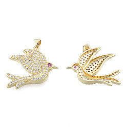 Real 18K Gold Plated Brass Micro Pave Clear Cubic Zirconia Pendants, with Brass Snap on Bails, Nickel Free, Bird, Real 18K Gold Plated, 29.5x25x5.5mm, Hole: 3x4mm