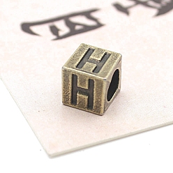 Letter H Европейские бусины из антикварного бронзового сплава, бусины с большим отверстием, куб с письмом, Письмо ч, 7x7x7 мм, отверстие : 5 мм