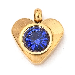 Сапфир 304 прелести нержавеющей стали, с акриловыми стразами, граненые, очарование камня, сердце, золотые, сапфир, 8.2x7.2x3.2 мм, отверстие : 1 мм