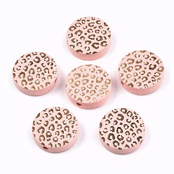Pink Painted Natural Wood Beads, Laser Engraved Pattern, Flat Round with Leopard Print, Pink, 20x5mm, Hole: 1.5mm