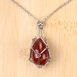 Red Agate Кулон в виде клетки для пасхальных яиц из натурального красного агата 304 Цепочка из нержавеющей стали, цвет нержавеющей стали, 27.56 дюйм (70 см)