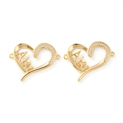 Real 18K Gold Plated Brass Micro Pave Clear Cubic Zirconia Links, Long-Lasting Plated, Heart with Word Abu, Real 18K Gold Plated, 22x26x3mm, Hole: 1.2mm