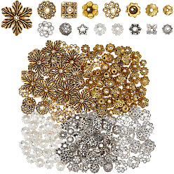 Mixed Color 320Pcs 16 Styles Tibetan Style Alloy 4-Petal Bead Caps, Cadmium Free & Lead Free, Mixed Color, 6~21x6~19x2~5mm, Hole: 1~2.5mm, 20pcs/style
