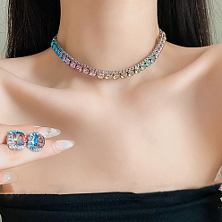 Разноцветный Комплекты из квадратных латунных цепочек со стразами и серег-гвоздиков, платина, красочный, 420 мм