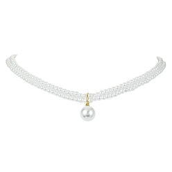 White ABS Plastic Imitation Pearl Beaded Chains Double Layer Necklaces, with Round Charms, White, 15.55 inch(39.5cm)