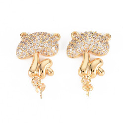 Real 18K Gold Plated Autumn Theme Brass Micro Pave Clear Cubic Zirconia Peg Bails Links Connectors, for Half Drilled Bead, Nickel Free, Mushroom, Real 18K Gold Plated, 23.5x13.5x4.5mm, Hole: 0.8mm, Pin: 0.8mm
