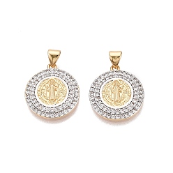 Real Gold Plated & Real Platinum Plated Религиозные латунные подвески с микропаве из прозрачного кубического циркония, Плоская круглая фигурка с подвесками в виде медали Святого Бенедикта., два тона, настоящее золото и платина, 20x18x3 мм, отверстие : 5x3 мм