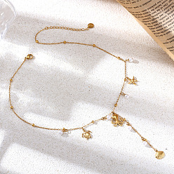 Shell Shape Ocean 304 Stainless Steel Imitation Pearl Long Tassel Pendant Necklaces for Women, Real 18K Gold Plated, Shell Shape, 15.35 inch(39cm)