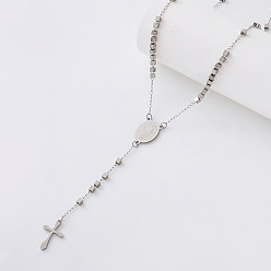 Silver Vintage Resin Cube Rosary Bead Necklaces, 304 Stainless Steel Religion Cross Virgin Pendant Necklaces for Women, Silver, Silver, 20.87 inch(53cm)