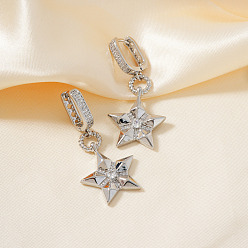 Серебро Минималистичные серьги-кольца из латуни с прозрачным кубическим цирконием в форме звезды, серебряные, 42x19 мм