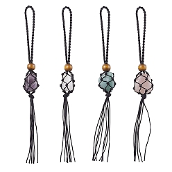 Черный Мешочек с подвесками из необработанных натуральных драгоценных камней самородков, украшения, плетеная нейлоновая нить с кисточкой, автомобильные подвесные украшения, чёрные, 190~192x15.5~19 мм