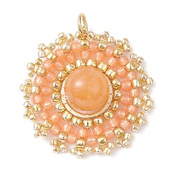 Красный Авантюрин Плоские круглые подвески из натурального красного авантюрина, плетенные подвески из японского бисера ручной работы, 27.5~28x25~25.5x8.5 мм, отверстие : 3.5 мм