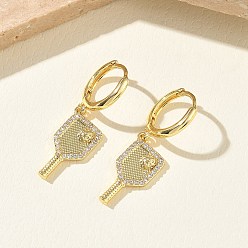 Настоящее золото 18K Женские серьги-кольца из латуни с микропаве и кубическим цирконием, ракетка для пиклбола, стойки покрытие, долговечный, без свинца и без кадмия, реальный 18 k позолоченный, 33x9 мм
