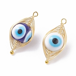 Mixed Color Handmade Lampwork Pendants, with Copper Wire, Evil Eye, Mixed Color, 25~26x12~13x10mm, Hole: 1.6~2mm, 2pcs/set