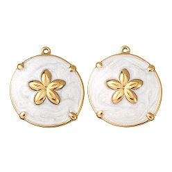 Белый 304 подвески из нержавеющей стали, с эмалью, плоские круглые и цветочные подвески, реальный 18 k позолоченный, ионное покрытие (ip), белые, 28x25x4 мм, отверстие : 1.4 мм