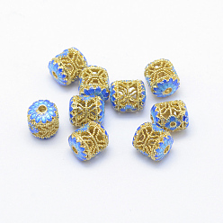 Deep-Sky-blau Galvanisieren Messing Emaille Perlen, cadmiumfrei und bleifrei, Fass, golden, Deep-Sky-blau, 9x8 mm, Bohrung: 2 mm