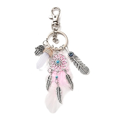 Pink Alloy & Glass Pendant Keychain, with Iron Key Ring, Feather Tassel, Woven Net/Web with Feather & Bullet & Hamsa Hand, Pink, 10cm