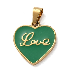 Зеленый 201 нержавеющей стальной эмали подвески, сердце со словом любовь прелести, вакуумное покрытие pvd, золотые, зелёные, 20x18.5x2 мм, отверстие : 6x3.5 мм