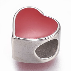 Stainless Steel Color 304 Stainless Steel European Beads, with Enamel, Large Hole Beads, Heart, Red, Stainless Steel Color, 11x11.5x8mm, Hole: 5mm
