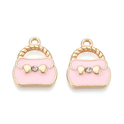 Розовый Подвески из эмали и сплава, со стразами, без кадмия и без свинца, золотой свет, сумочка очарование, туманная роза, 19.5x15.5x2.5 мм, отверстие : 1.8 мм