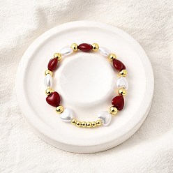 Настоящее золото 18K День святого Валентина абс искусственный жемчуг бусины эластичные браслеты для женщин, сердце, С латунными круглыми бусами, без кадмия и без свинца, стойки покрытие, долговечный, реальный 18 k позолоченный, внутренний диаметр: 2-1/4 дюйм (5.7 см)