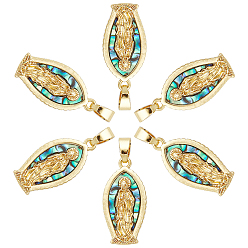 Real 18K Gold Plated 6Pcs Brass with Natural Paua Shell Religion Pendants, Virgin Mary Charms, Real 18K Gold Plated, 25x12.5x2.8mm, Hole: 3.5x6mm