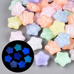Mixed Color Luminous Two Tone Color Transparent Acrylic Beads, Textured Star, Glow in the Dark, with Glitter Powder, Mixed Color, 19x19.5x9.5mm, Hole: 2mm, about 270pcs/500g