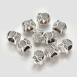 Antique Silver Alloy European Beads, Large Hole Beads, Owl, Antique Silver, 10x8x8mm, Hole: 5mm