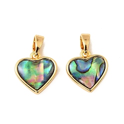 Настоящее золото 18K Подвески в форме сердца из натуральной ракушки пауа, с латунной, реальный 18 k позолоченный, 12x11.5x3.5 мм, отверстие : 5x2.5 мм