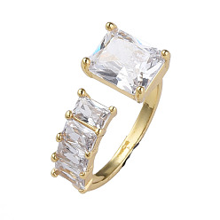 Прозрачный Прямоугольное открытое кольцо-манжета из кубического циркония, настоящие позолоченные украшения из латуни для женщин, без никеля , прозрачные, размер США 18 6 (1/4 мм)