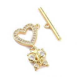 Golden Brass Micro Pave Clear Cubic Zirconia Toggle Clasps, Heart with Butterfly, Golden, Heart: about 14mm wide, 24mm long, 3mm thick, Hole: 1mm, Bar: 4x19.5x2mm, Hole: 1mm