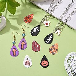 Mixed Color Halloween Theme Spray Painted Iron Pendants, Rubberized Style, 3D Printed, Teardrop with Mixed Pattern, Mixed Color, 27.5x18x0.5mm, Hole: 1.2mm