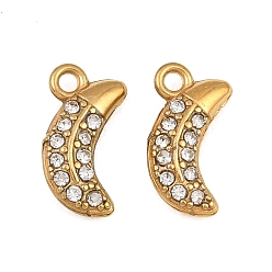 Plaqué 18K Or Véritable 304 pendentifs en strass en acier inoxydable, charmes lune, placage ionique (ip), réel 18 k plaqué or, 11x5x2mm, Trou: 1.2mm