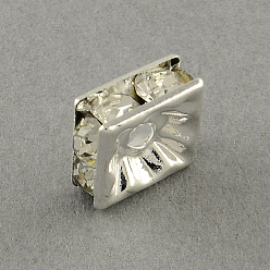 Silver Square Brass Rhinestone Spacer Beads, Silver Color Plated, 8x8x3.5mm, Hole: 1.5mm