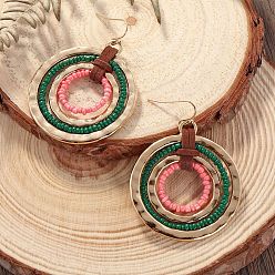 Темно-Зеленый Плоские круглые серьги из сплава стеклянных бусин, с искусственной кожей, золотые, темно-зеленый, 65x45 мм