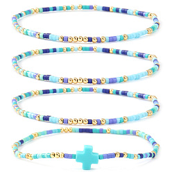 Синий 4 Наборы браслетов из эластичной ткани в богемном летнем стиле с крестом и стеклянным бисером, летние украшения для женщин, синие, внутренний диаметр: 6.50 дюйм (16.5 см)