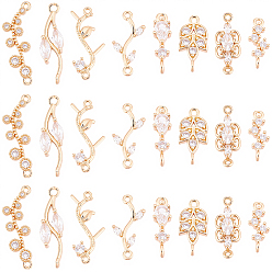Light Gold 32Pcs 8 Styles Brass Micro Pave Clear Cubic Zirconia Links Connectors, Long-Lasting Plated, Mixed Shapes, Light Gold, 13~23x5~10x2~3.5mm, Hole: 1~1.5mm, 4pcs/style