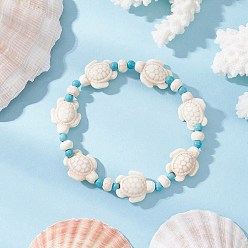(404) Непрозрачное AB Кислое яблоко Браслеты из синтетической бирюзы и натуральных пресноводных ракушек для женщин, Морская черепаха, цветочный белый, внутренний диаметр: 1-7/8 дюйм (4.8 см)