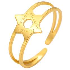 Golden 304 Stainless Steel Cuff Open Rings, Star of David, Golden, 15~20mm