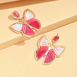 Светло-Вишневый Серьги-гвоздики в богемном стиле из сплава и хлопка., плетеная бабочка, золотые, светло-вишневый, 57x48 мм