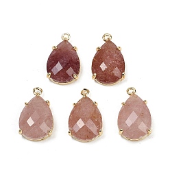 Клубничный Кварц Граненые подвески из натурального клубничного кварца, покрытие стойки латунные подвески-капли, золотые, 22x13x6 мм, отверстие : 1.6 мм