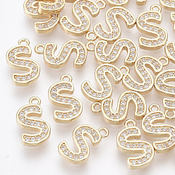 Letter S Brass Cubic Zirconia Charms, Letter, Clear, Real 18K Gold Plated, Letter.S, 11x6x1.5mm, Hole: 1mm