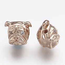 Розовое Золото Латунные бусины из циркония, голова бульдога, розовое золото , 11.5x13.5x11 мм, отверстие : 1.5 мм