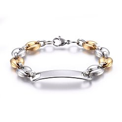 Golden & Stainless Steel Color 201 Stainless Steel Coffee Bean Chain ID Bracelets, Rectangle, Golden & Stainless Steel Color, 8-1/4 inch(21cm), 11x6mm