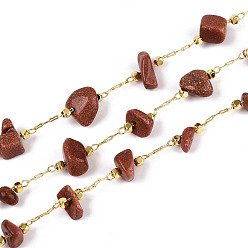 Камень с Пылевым Золотом Латунные кабельные цепи, с синтетическим Голдстоун, пайки, с катушкой, долговечный, золотые, 1~8x3~17x1~8 мм, около 32.81 футов (10 м) / рулон